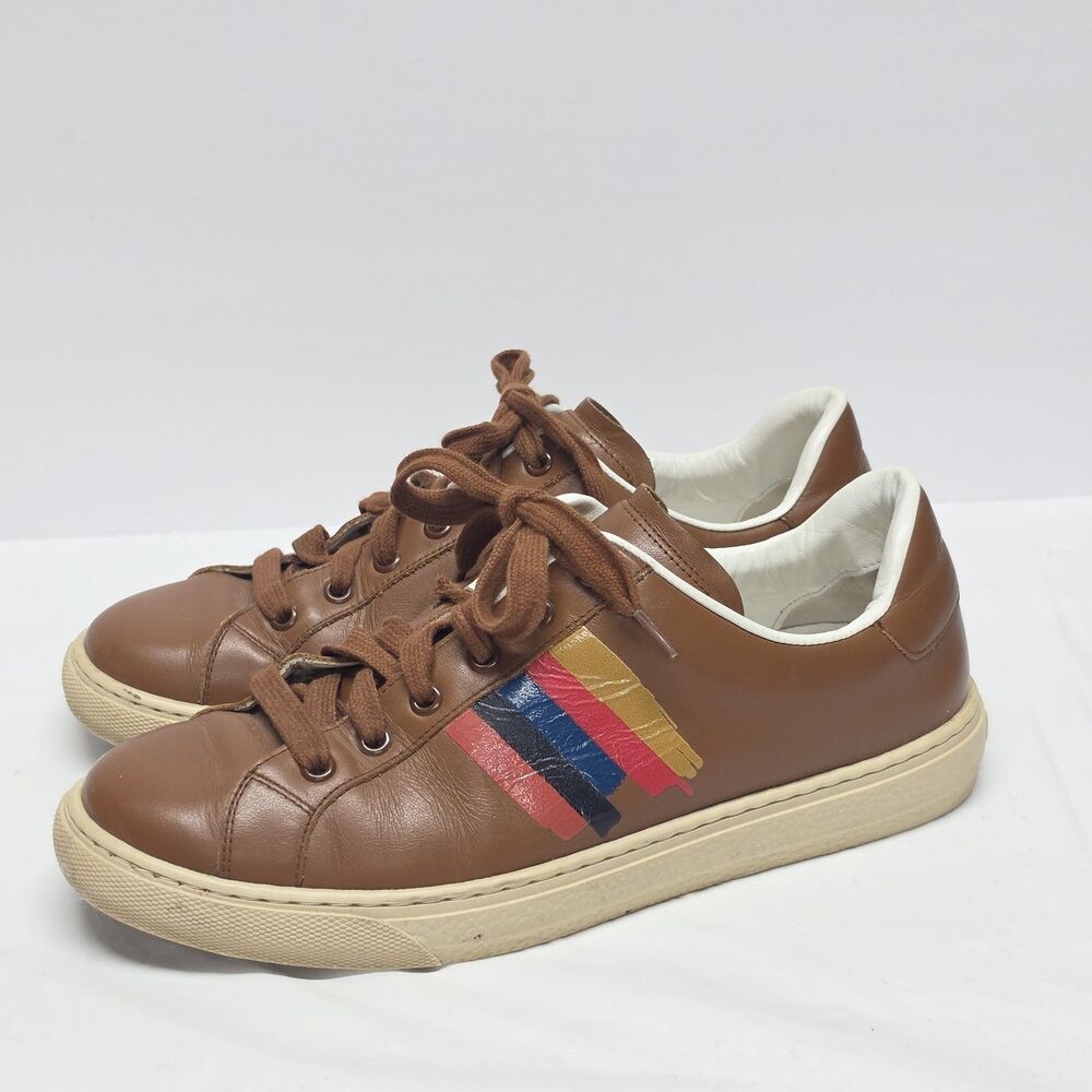 Paul Smith Hansen Sneakers Tan Leather Painted Stripes Women US 8 EU 38